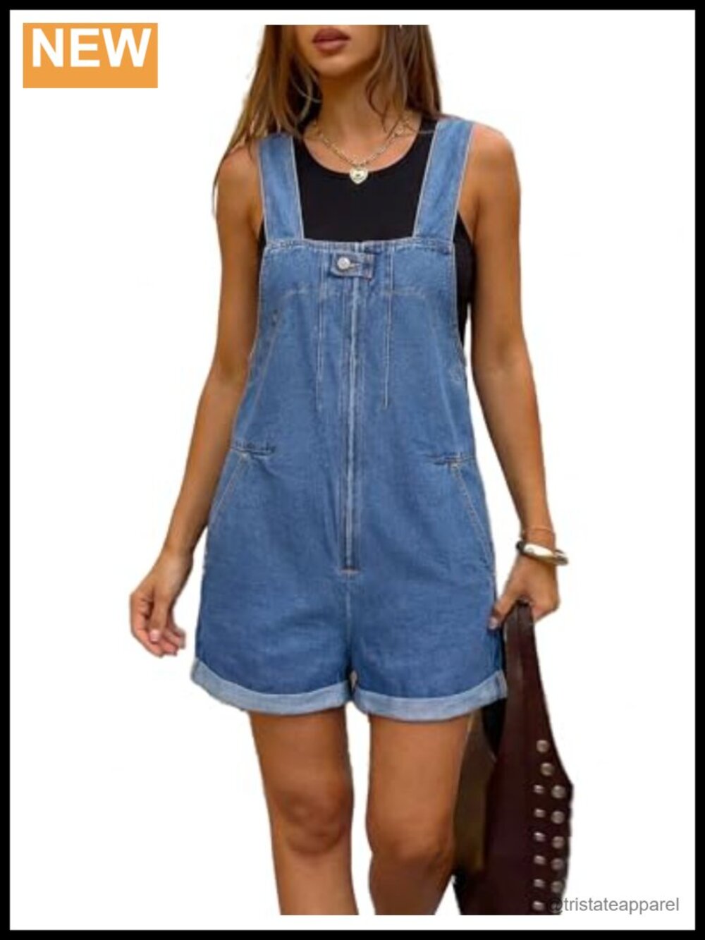 Denim Romper Overall Shorts Womens Front Zip Cuffed Hem Square Neck